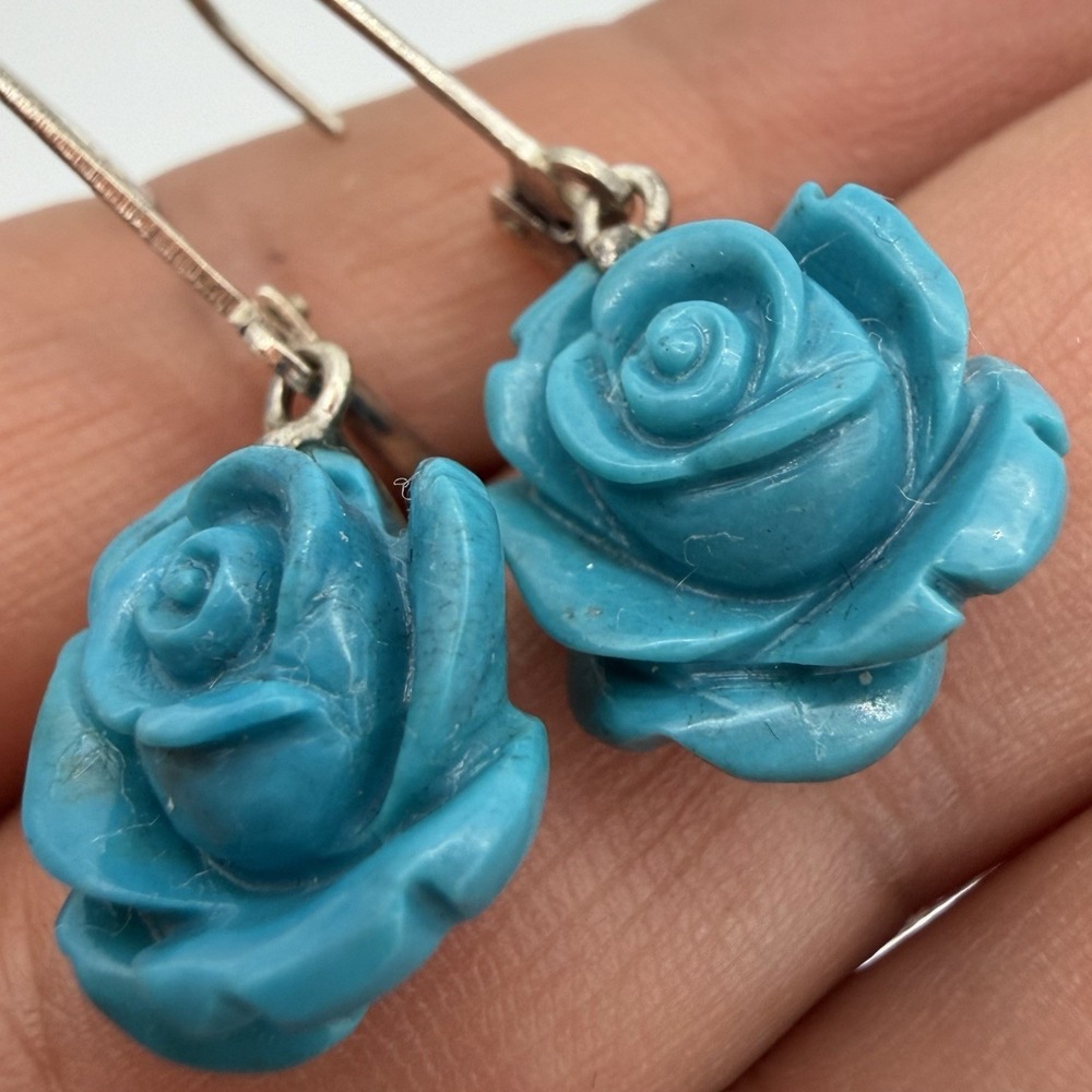 Vtg Qvc Whitney Kelly‎ WK Carved Rose Turquoise Earrings Sterling Silver 925